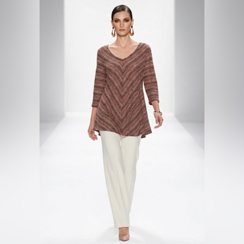 John Paul Richard Woman Autumn Red Chevron V-Neck 3/4‎ Sleeve Tunic Top 2X